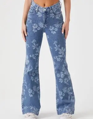 Forever 21 Floral Print Flare Jeans Medium Denim