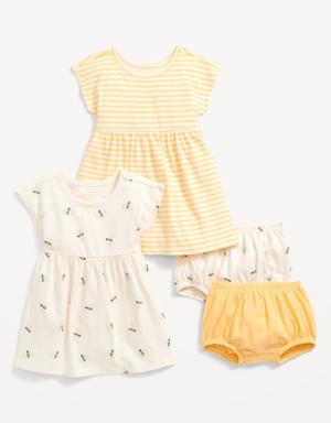 Jersey-Knit Dolman-Sleeve Dress & Bloomer Shorts 4-Piece Set for Baby yellow