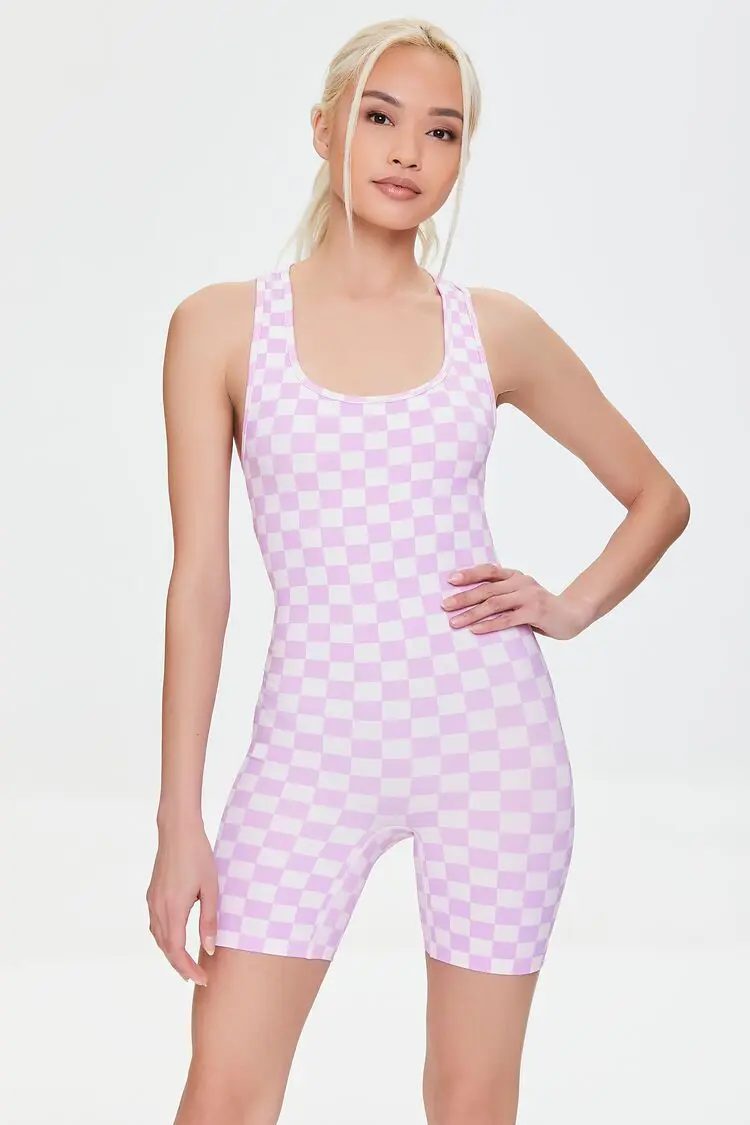 Forever 21 Forever 21 Active Seamless Checkered Print Cutout Romper Pink/Light Pink. 1