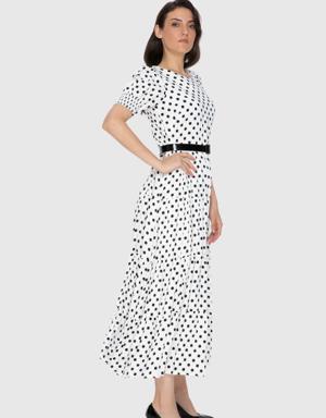 Polka Dot Patterned Long White Dress With Contrast Belt