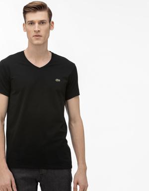 Erkek Slim Fit V Yaka Siyah T-Shirt