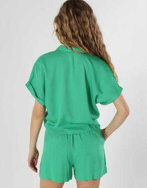 Regular Fit Shirt Neck Yeşil Kadın Kısa Kol Gömlek