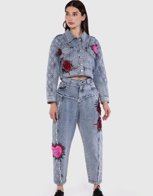 Blue Embroidery Detailed Slouchy Jeans