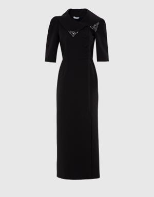 Stone Embroidered Detailed Midi Length Black Dress