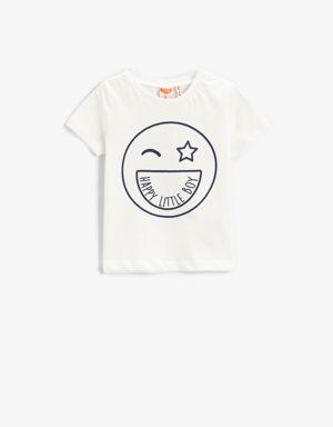Gülen Emoji Baskılı Kısa Kollu Tişört Pamuklu