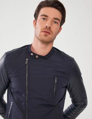 Fermuar Detaylı Deri Görünümlü Slim Fit Mont