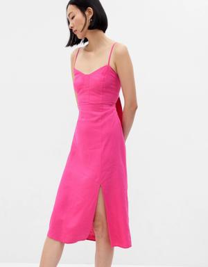 Linen-Blend Tie-Back Corset Midi Dress pink