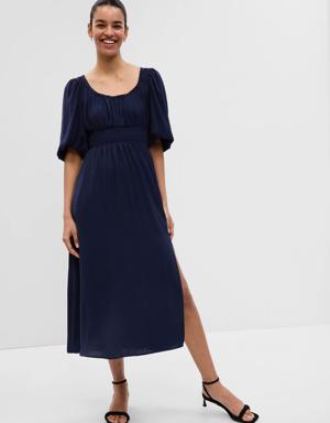 Puff Sleeve Smocked Midi Dress blue