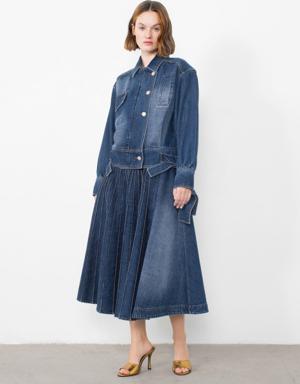 Asymmetric Pleated Detailed Jean Skirt