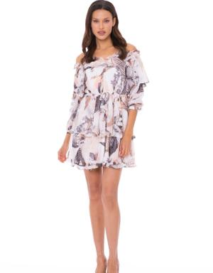 Long Sleeve, Off Shoulder, Ruffle Detailed, Tie-Dye Pattern Chiffon Mini Dress with Rope Straps