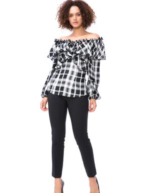 With Ruffle And Flounce Detail Black Plaid Blouse