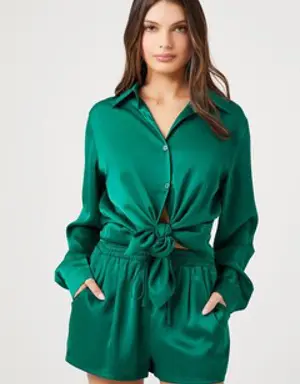 Forever 21 Satin Shirt &amp; Shorts Set Green