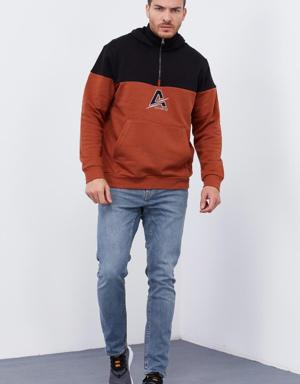 Tarçın Nakış Detaylı Yarım Fermuar Kapüşonlu Erkek Sweatshirt - 88033