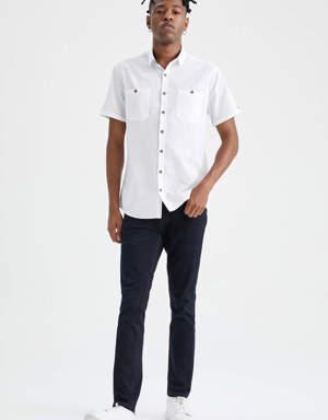 Slim Fit Polo Yaka Keten Görünümlü Kısa Kollu Gömlek