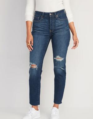 High-Waisted Button-Fly O.G. Straight Ripped Cut-Off Jeans blue