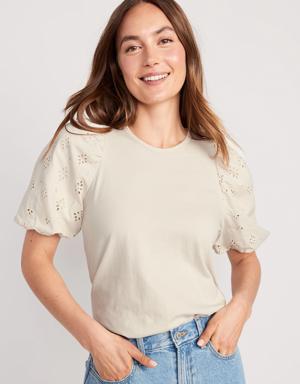 Old Navy Puff-Sleeve Cutwork Top for Women beige