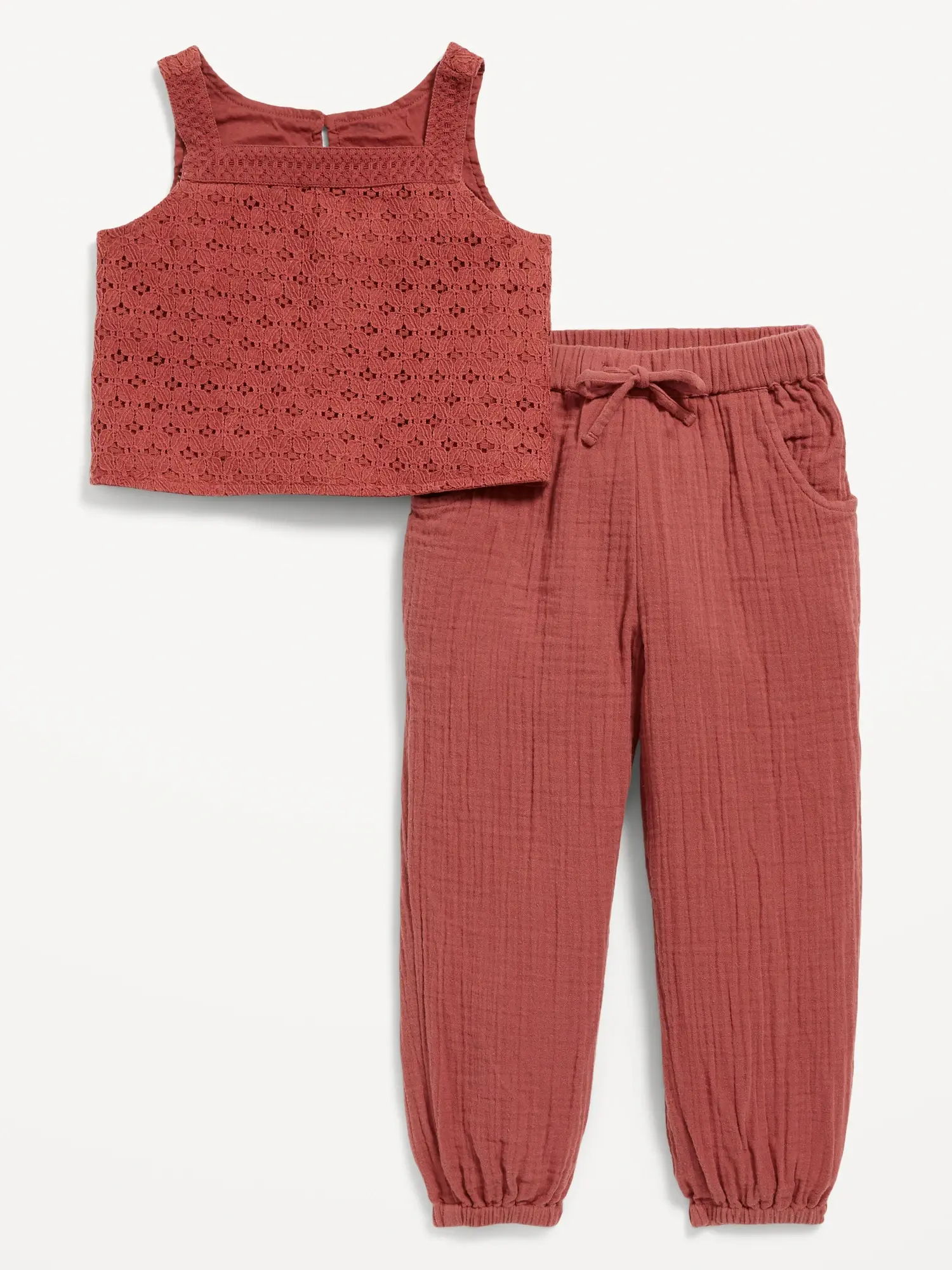 Old Navy Sleeveless Crochet-Knit Top & Jogger Pants Set for Toddler Girls red. 1