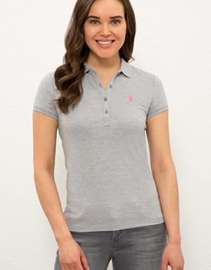 Kadın Gri Melanj Polo Yaka Basic T-Shirt