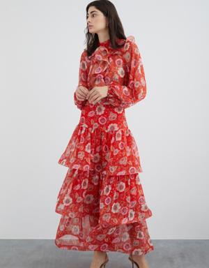 Floral Chiffon Red Skirt With Ruffled Flywheel