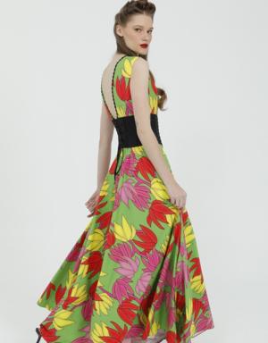Green Maxi Dress with Floral Pattern and Bodice Detail