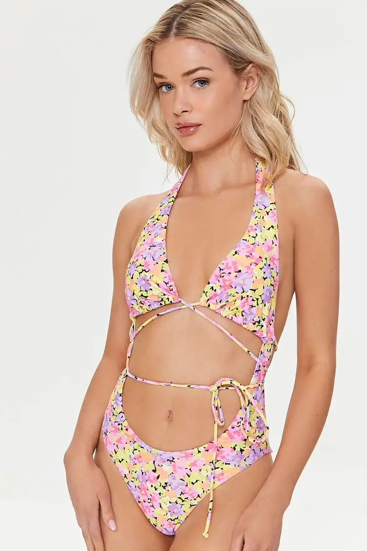 Forever 21 Forever 21 Floral Print One Piece Swimsuit Black/Multi. 1