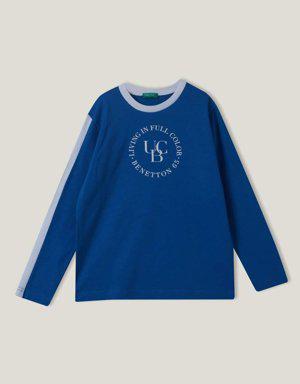 Erkek Çocuk Mavi Kolu Şerit Detaylı UCB Su Baskılı T Shirt