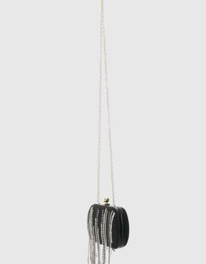 Stone Tassel Detailed Chain Black Bag