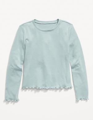 Long-Sleeve Rib-Knit Lettuce-Edge T-Shirt for Girls blue