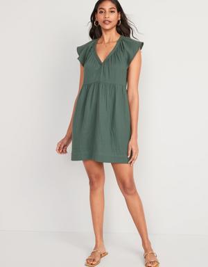 Flutter-Sleeve V-Neck Mini Swing Dress for Women green