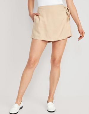 High-Waisted Side-Tie Linen-Blend Skort beige