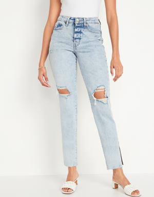 High-Waisted Button-Fly OG Straight Ripped Side-Slit Jeans for Women blue