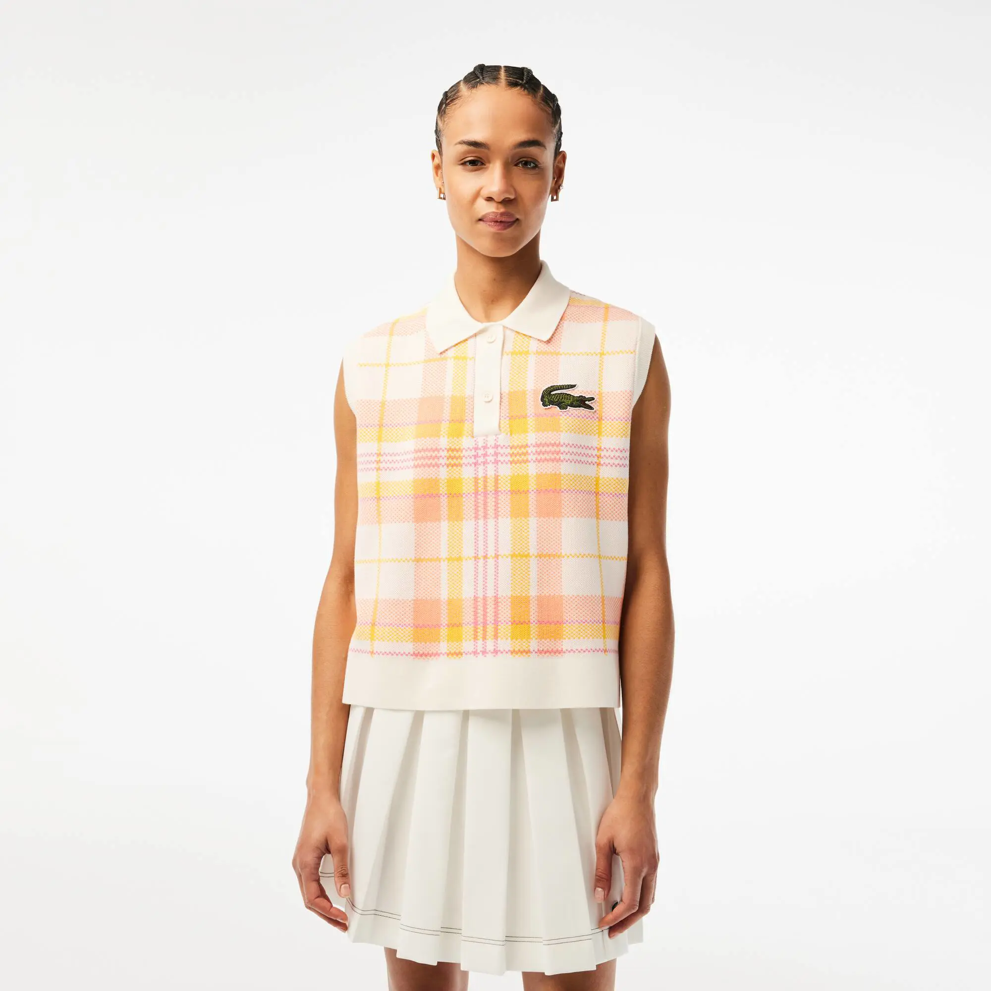 Lacoste Women’s Lacoste Sleeveless Organic Cotton Check Polo Shirt. 1