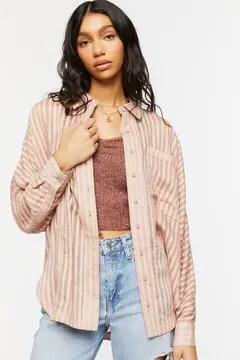 Forever 21 Forever 21 Jacquard Striped Dolphin Hem Shirt Nude Pink. 2