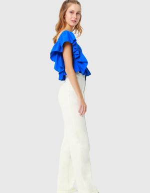 Wide Leg Comfortable Ecru Trousers With Contrast Stitching