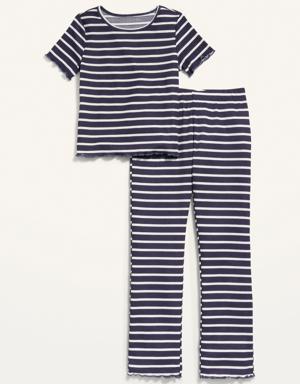 Rib-Knit Lettuce-Edge Flared Leg Pajama Set for Girls blue