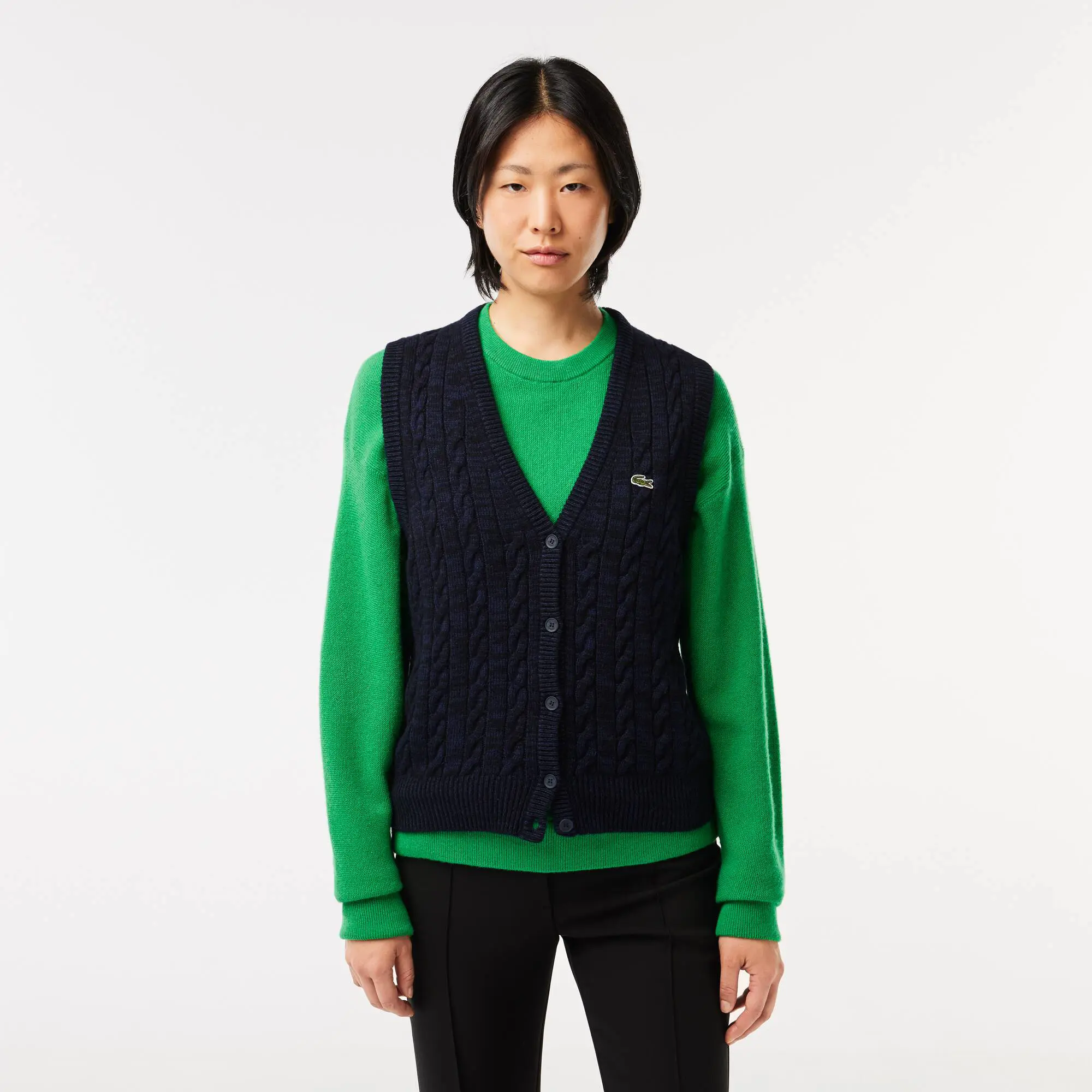 Lacoste Women's Sleeveless Cable Knit Cotton and Wool Blend Vest. 1
