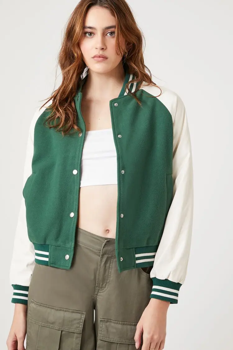 Forever 21 Forever 21 Fleece Varsity Bomber Jacket Green/Cream. 1