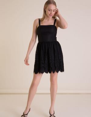 Lace Detailed Strap Black Mini Dress