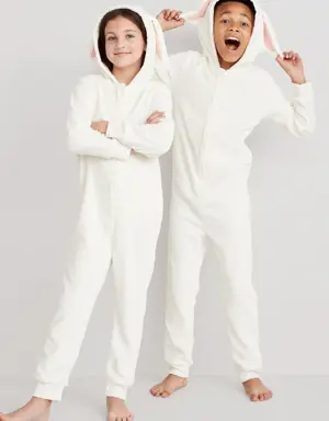 Gender-Neutral Sherpa Hooded "Bunny" One-Piece Pajamas for Kids white