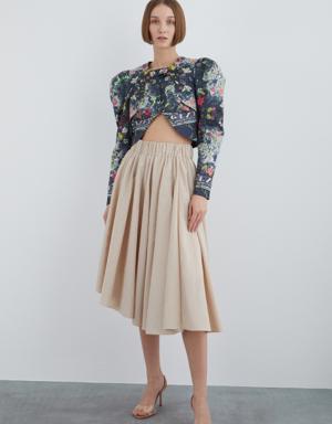 Asymmetric Contrasting Stitch Detailed Skirt With Elastic Waist