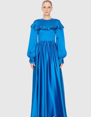 Collar Ruffle Detailed Long Blue Dress