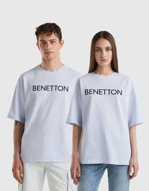 Unisex Toz Mavi Benetton Yazılı Oversize T Shirt
