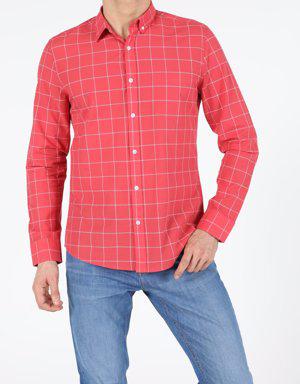 Kırmızı Slim Fit Shirt Neck Erkek Uzun Kol Gömlek