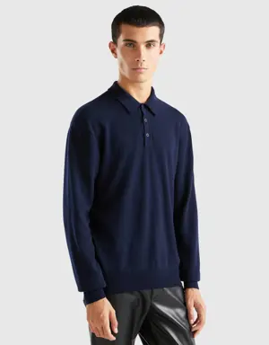 dark blue polo shirt in pure merino wool