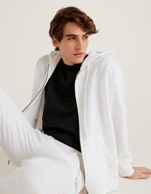 Erkek Beyaz Kapüşonlu Fermuarlı Sweatshirt