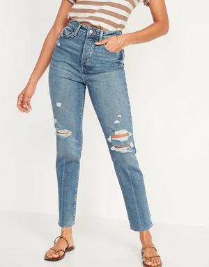 Higher High-Rise Button-Fly O.G. Straight Distressed Cut-Off Jeans for Women blue