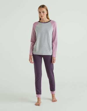 Kadın Gri Melanj Renk Bloklu Pijama Takımı