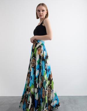 Chiffon Maxi Length Blue Skirt With Pleated Pattern