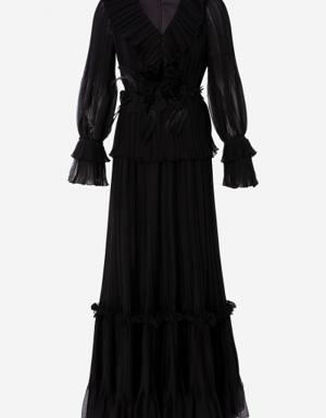 Embroidery Detailed Pleated Chiffon Black Dress