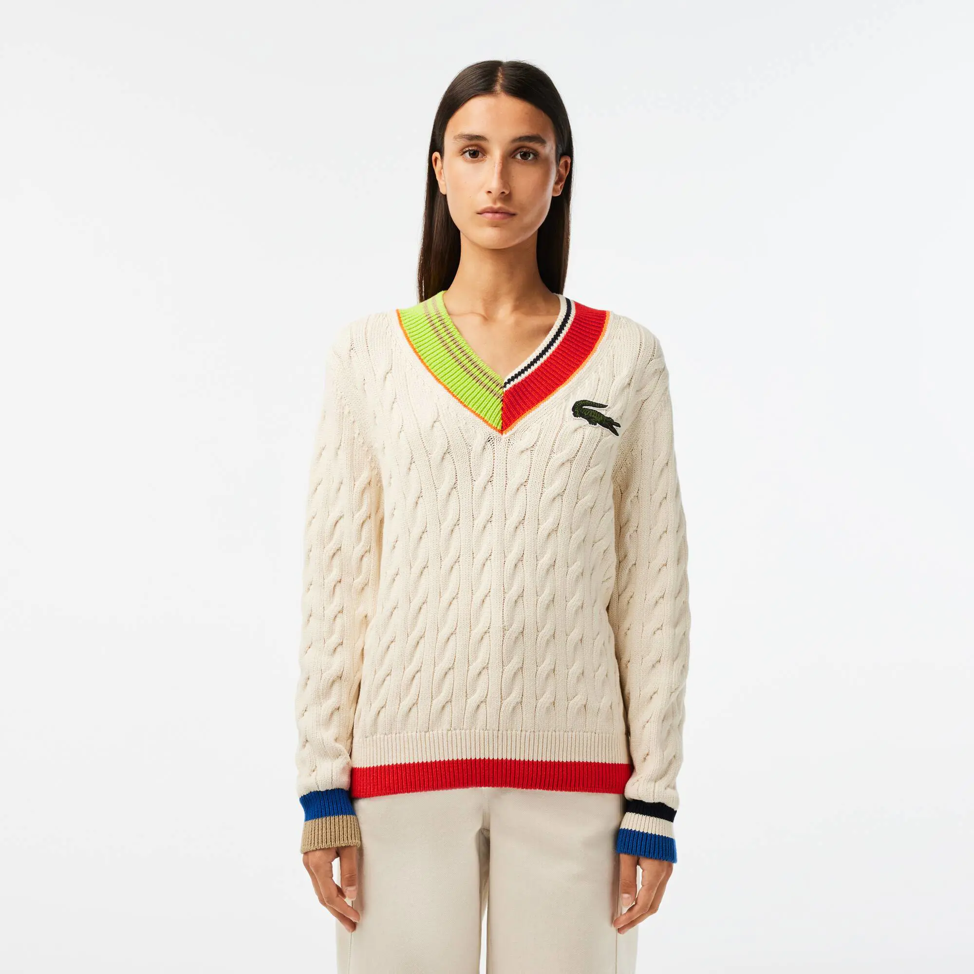 Lacoste Women’s Cable Knit Color Twist V-Neck Sweater. 1